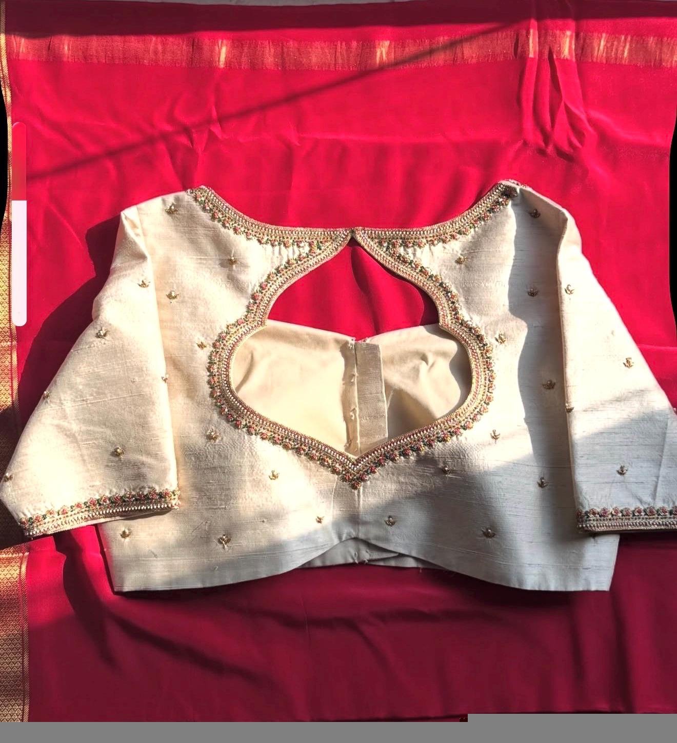 pure silk hand embroidery blouse/cream saree maggam blouse/raw silk zardosi blouse/hand embroidered blouse/cream ready made blouse zardosi