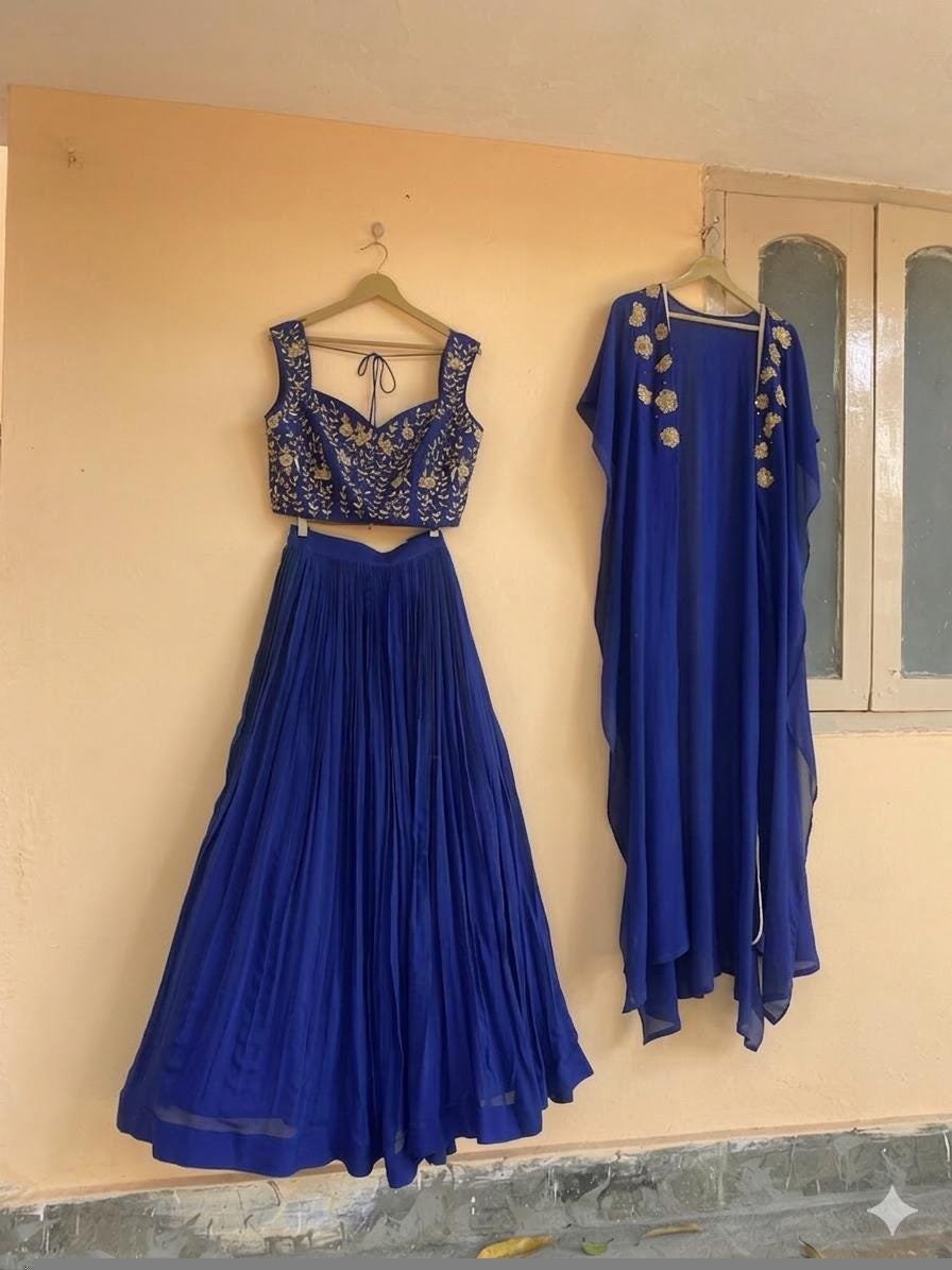Green Lehenga Set: Hand Embroidered Silk Crop Top Skirt, blue lehenga set, cape lehenga set,teens lehenga,wedding lehenga,green hand work bl