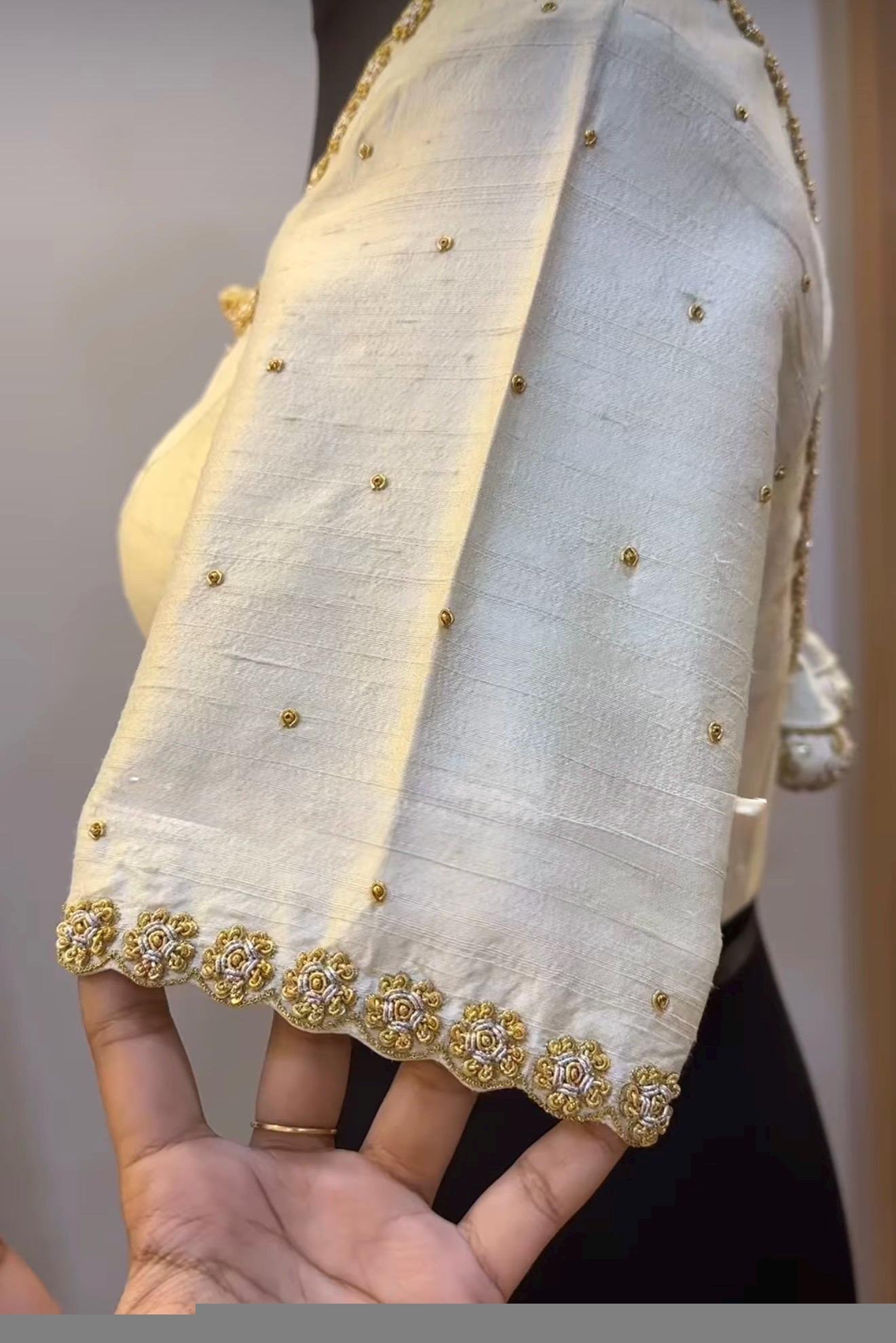 Hand Embroidered Cream Silk Blouse: Zardosi Maggam Work,cream maggam blouse,multicolor blouse,plus size blouse,handwork blouse,beige blouse