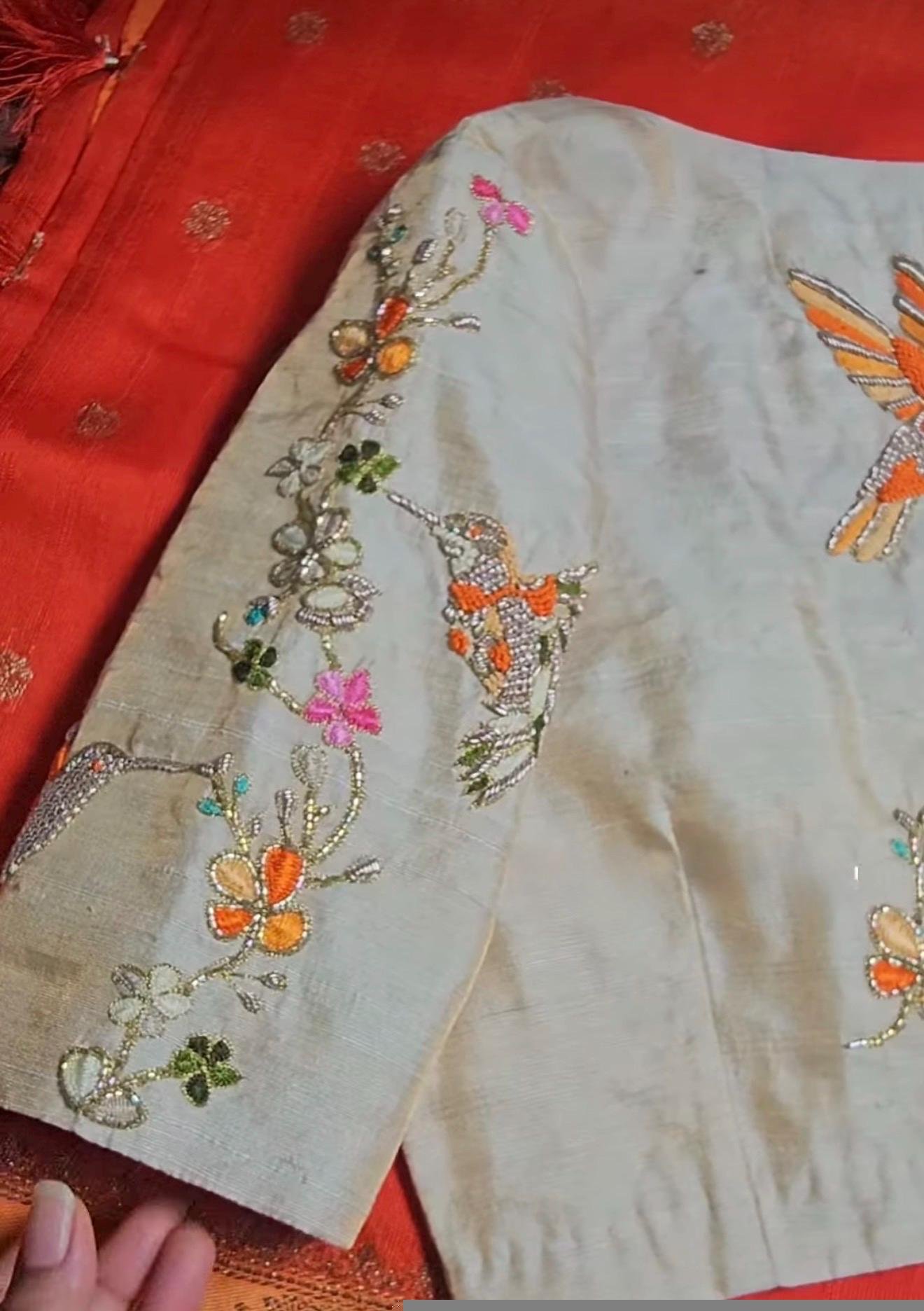 pure silk hand embroidery blouse/modern maggam blouse/multi colored cream zardosi blouse/hand embroidered blouse/off white ready made blouse