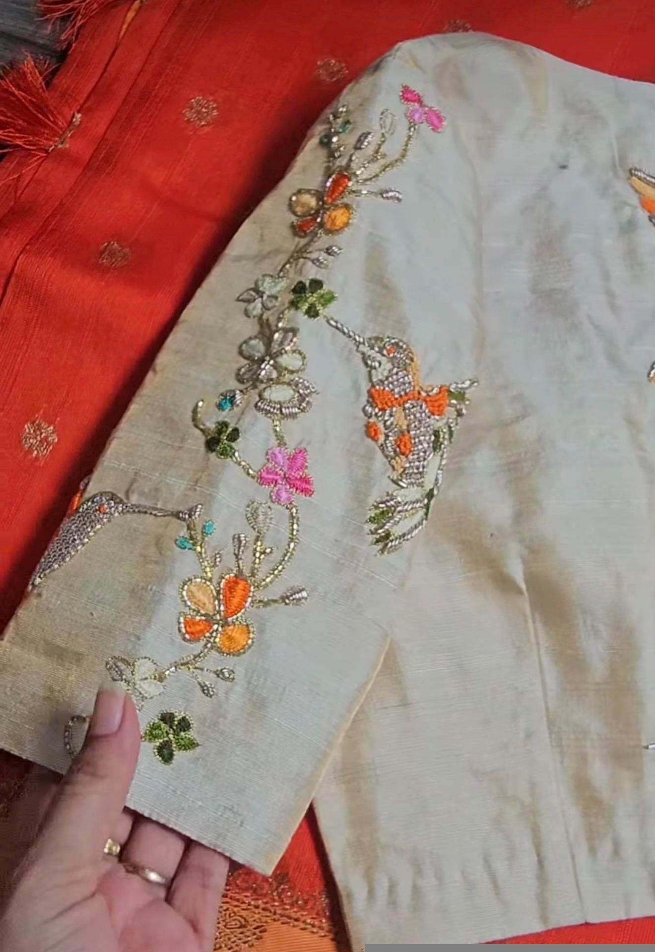 pure silk hand embroidery blouse/modern maggam blouse/multi colored cream zardosi blouse/hand embroidered blouse/off white ready made blouse