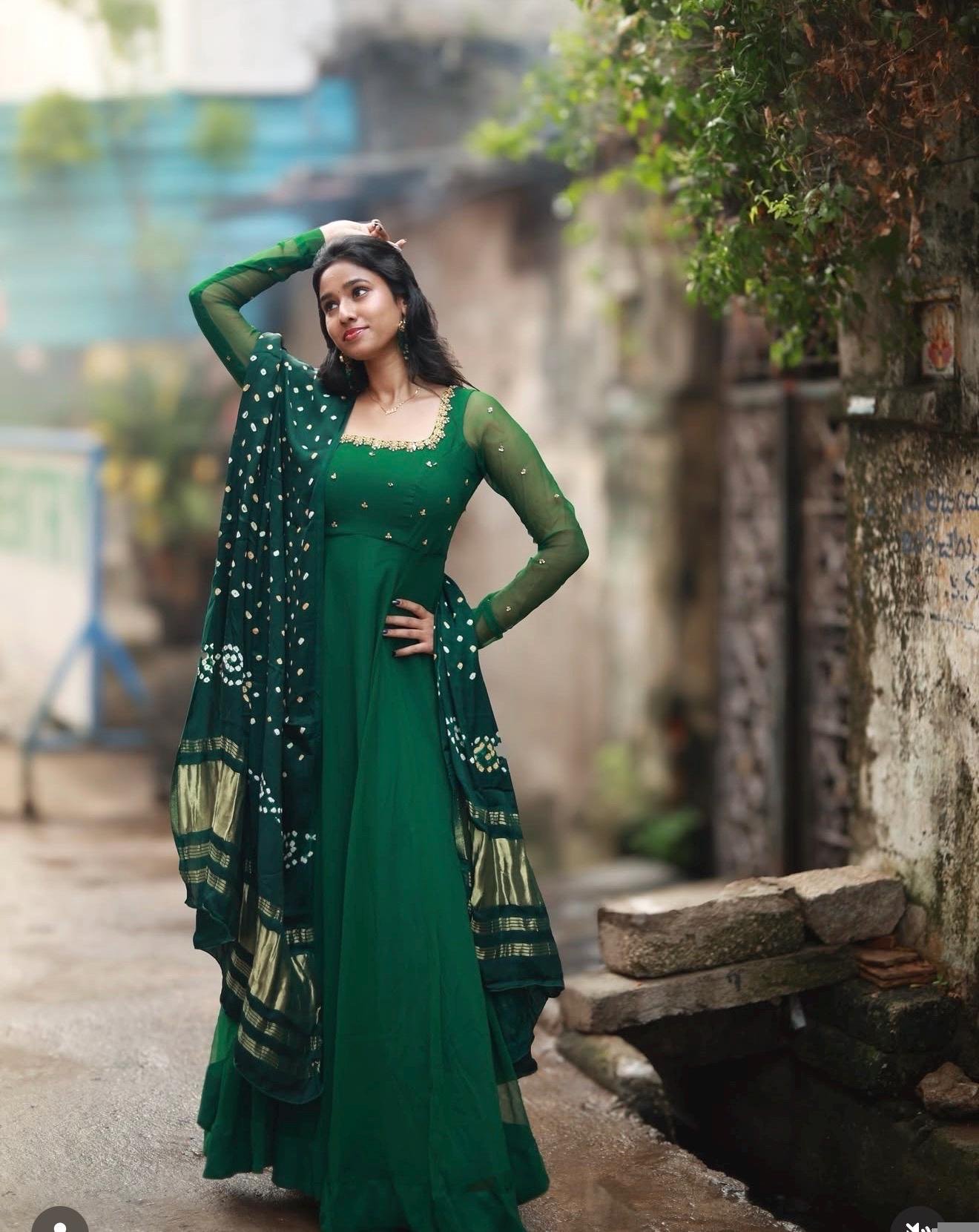Green Georgette Anarkali Suit: Hand Embroidered Indian Dress with Dupatta,green anarkali bandhani dupatta,handwork dress with handloodupatta