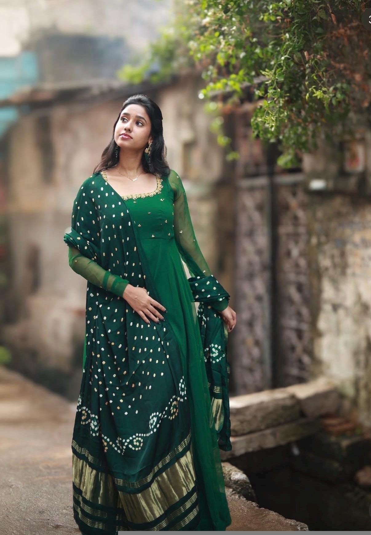 Green Georgette Anarkali Suit: Hand Embroidered Indian Dress with Dupatta,green anarkali bandhani dupatta,handwork dress with handloodupatta