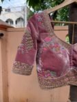 Blush Pink Velvet Saree Blouse: Hand Embroidered Zardosi Maggam Work,light pink velvet blouse,muave pink blouse,potli bag,handwork blouse