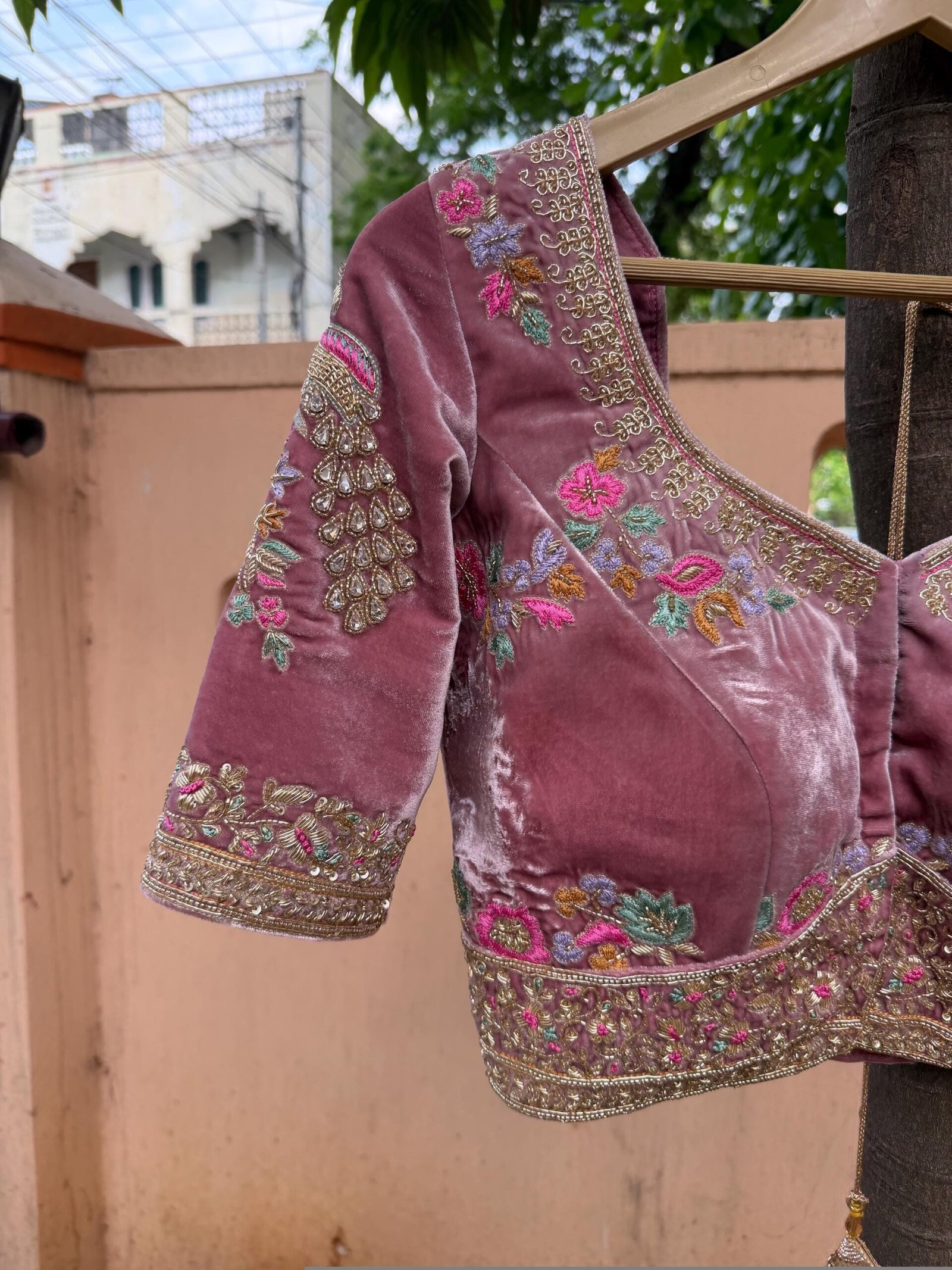 Blush Pink Velvet Saree Blouse: Hand Embroidered Zardosi Maggam Work,light pink velvet blouse,muave pink blouse,potli bag,handwork blouse