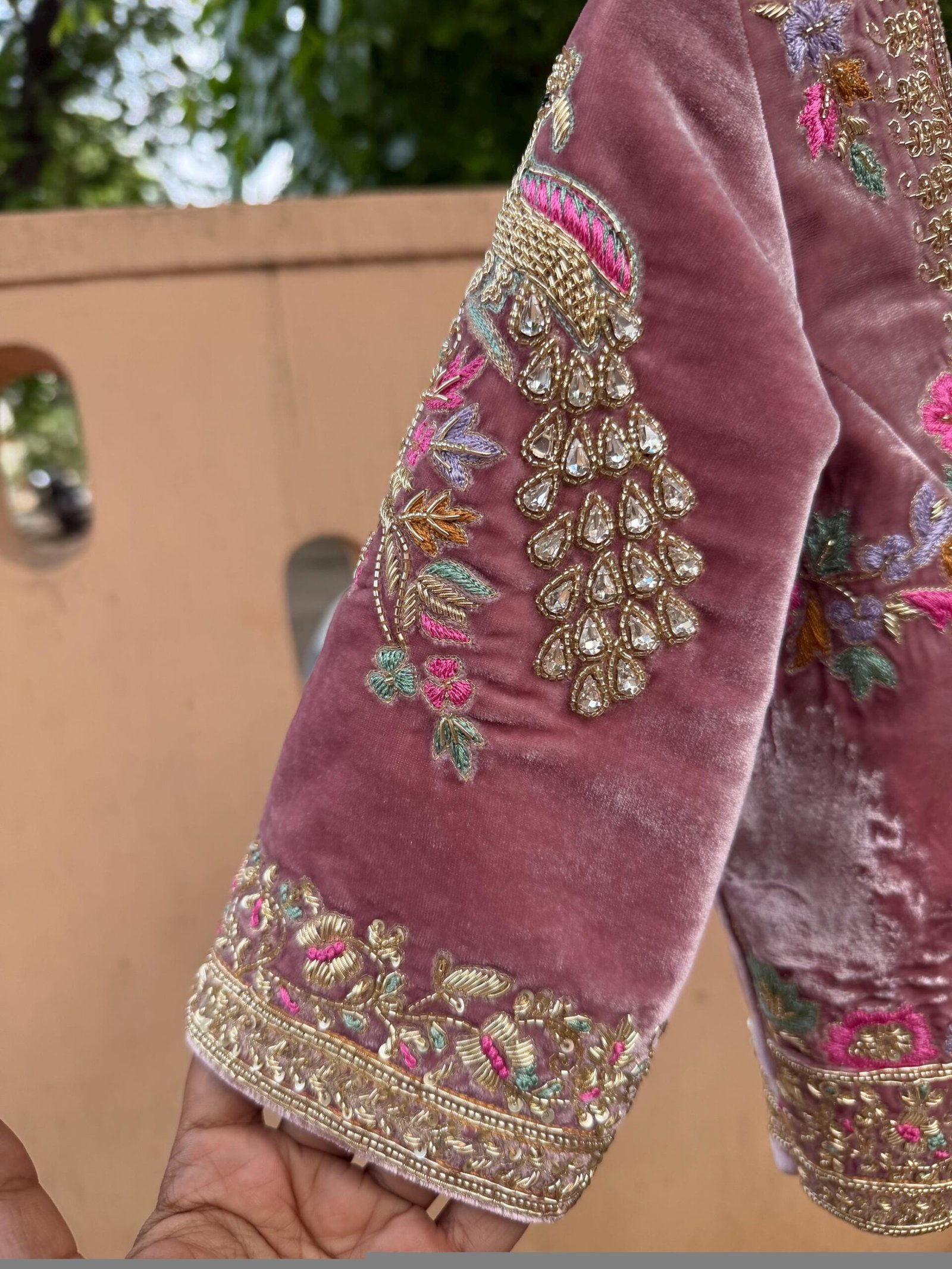 Blush Pink Velvet Saree Blouse: Hand Embroidered Zardosi Maggam Work,light pink velvet blouse,muave pink blouse,potli bag,handwork blouse