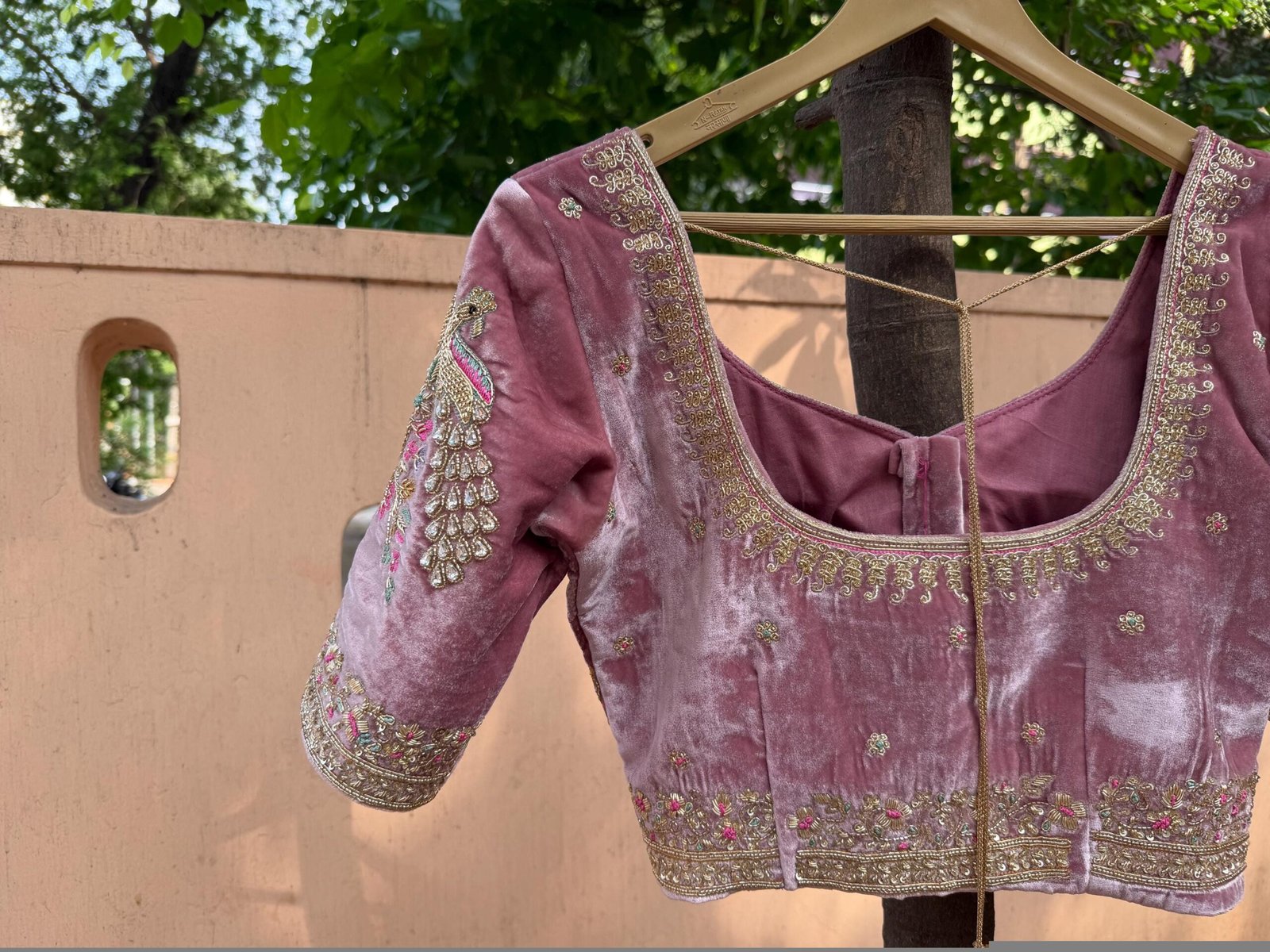Blush Pink Velvet Saree Blouse: Hand Embroidered Zardosi Maggam Work,light pink velvet blouse,muave pink blouse,potli bag,handwork blouse