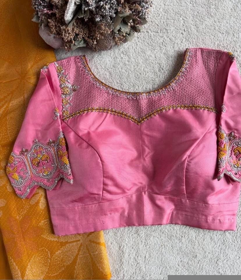 pure silk hand embroidery blouse/light pink maggam blouse/pink hand embroidered blouse/pink ready made blouse zardosi/pink lavender blouse