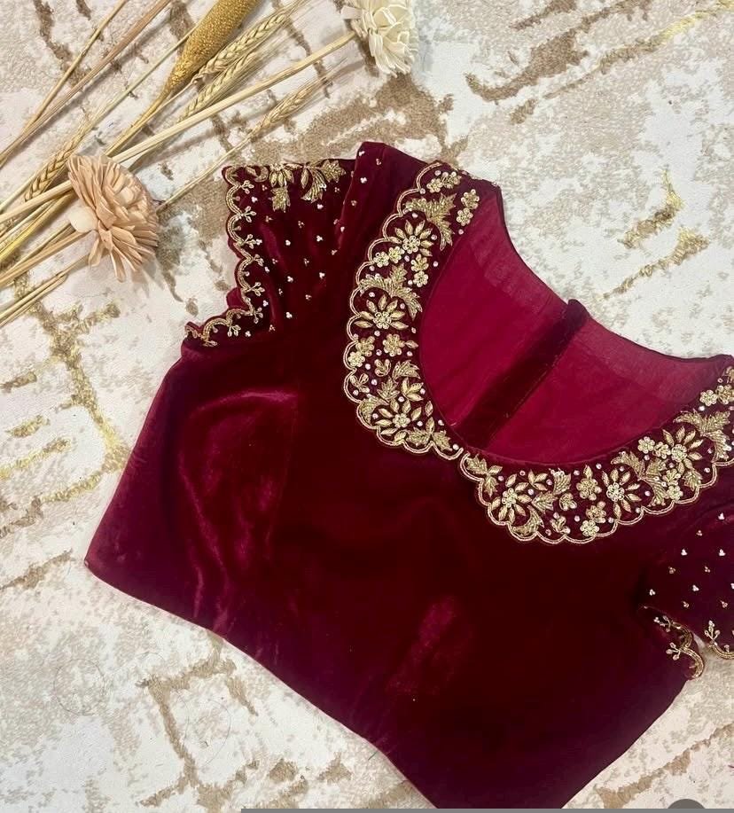 pure velvet hand embroidery blouse/collar maggam blouse/Peter Pan collar blouse/velvet hand embroidered blouse/burgundy ready made blouse us