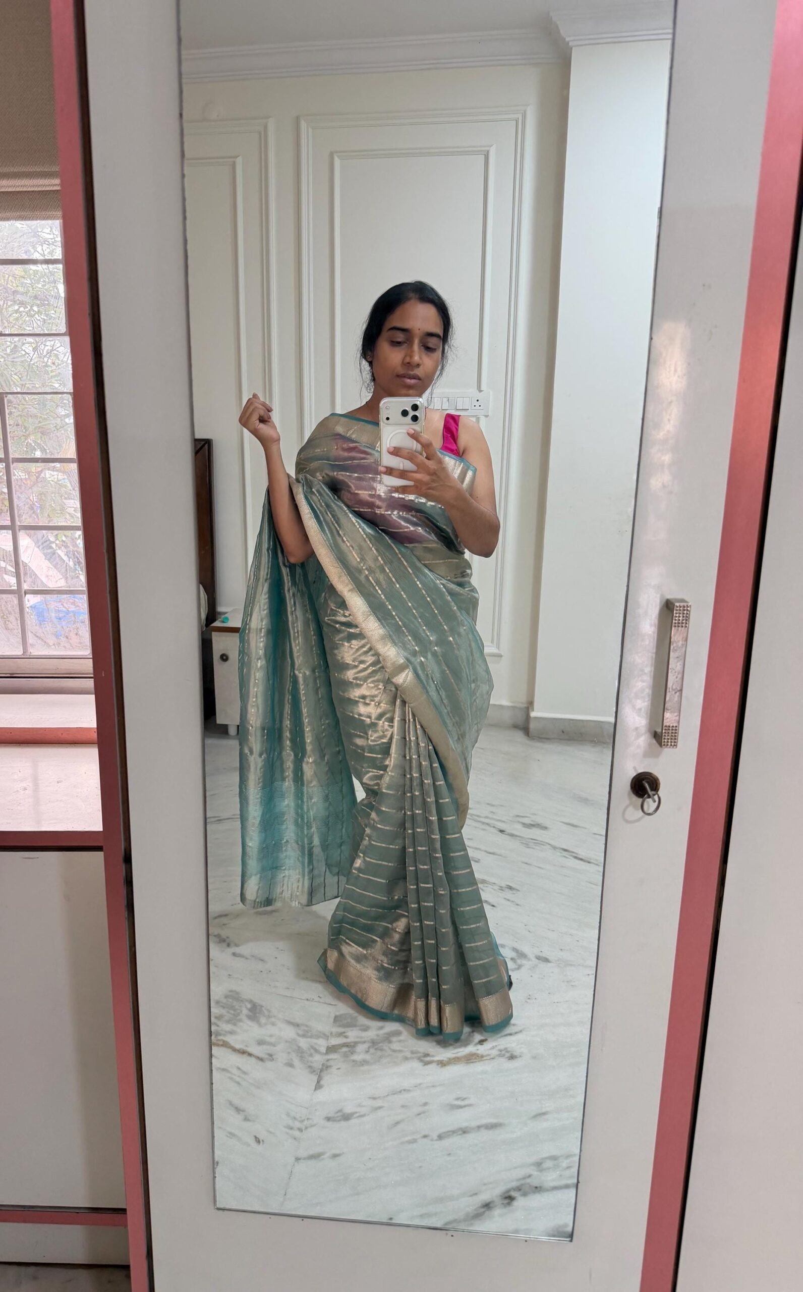 Saree with stitched blouse/tissue silk saree hand embroideredblouse/blue tissue saree/soft silk saree ready blouse/stripes cocktail saree