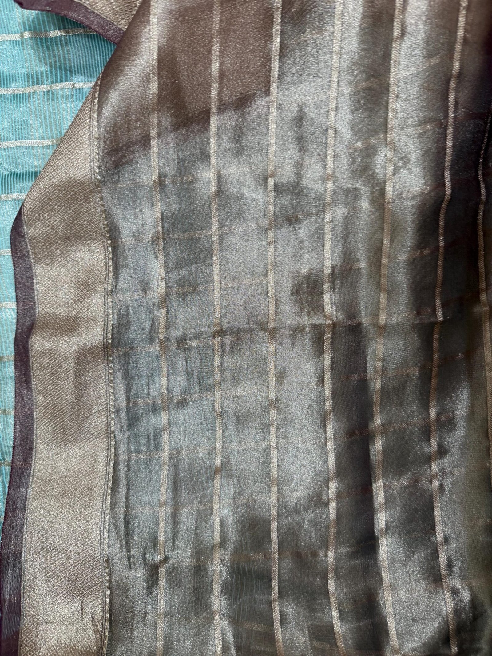 Saree with stitched blouse/tissue silk saree hand embroideredblouse/blue tissue saree/soft silk saree ready blouse/stripes cocktail saree