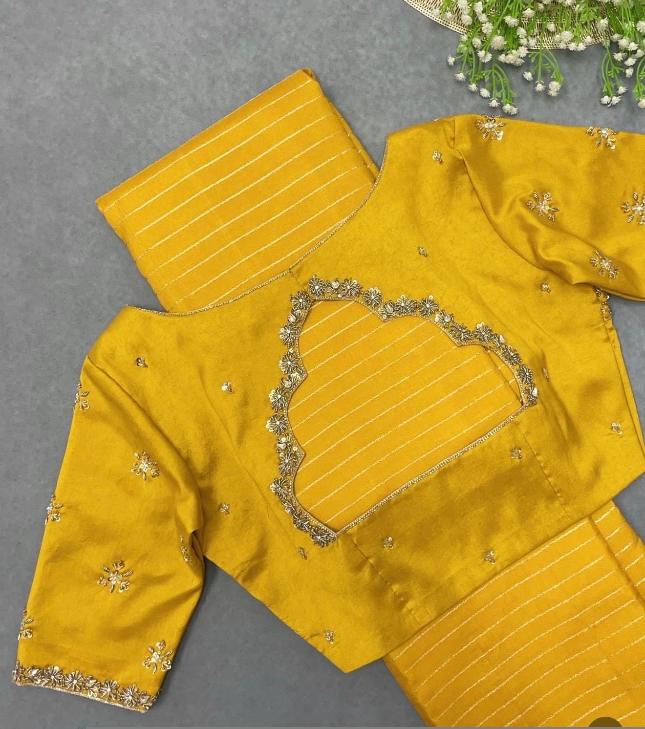 pure silk hand embroidery blouse/saree maggam yellow blouse/yellow blouse/hand embroidered blouse/ready made blouse zardosi/lemon yellow