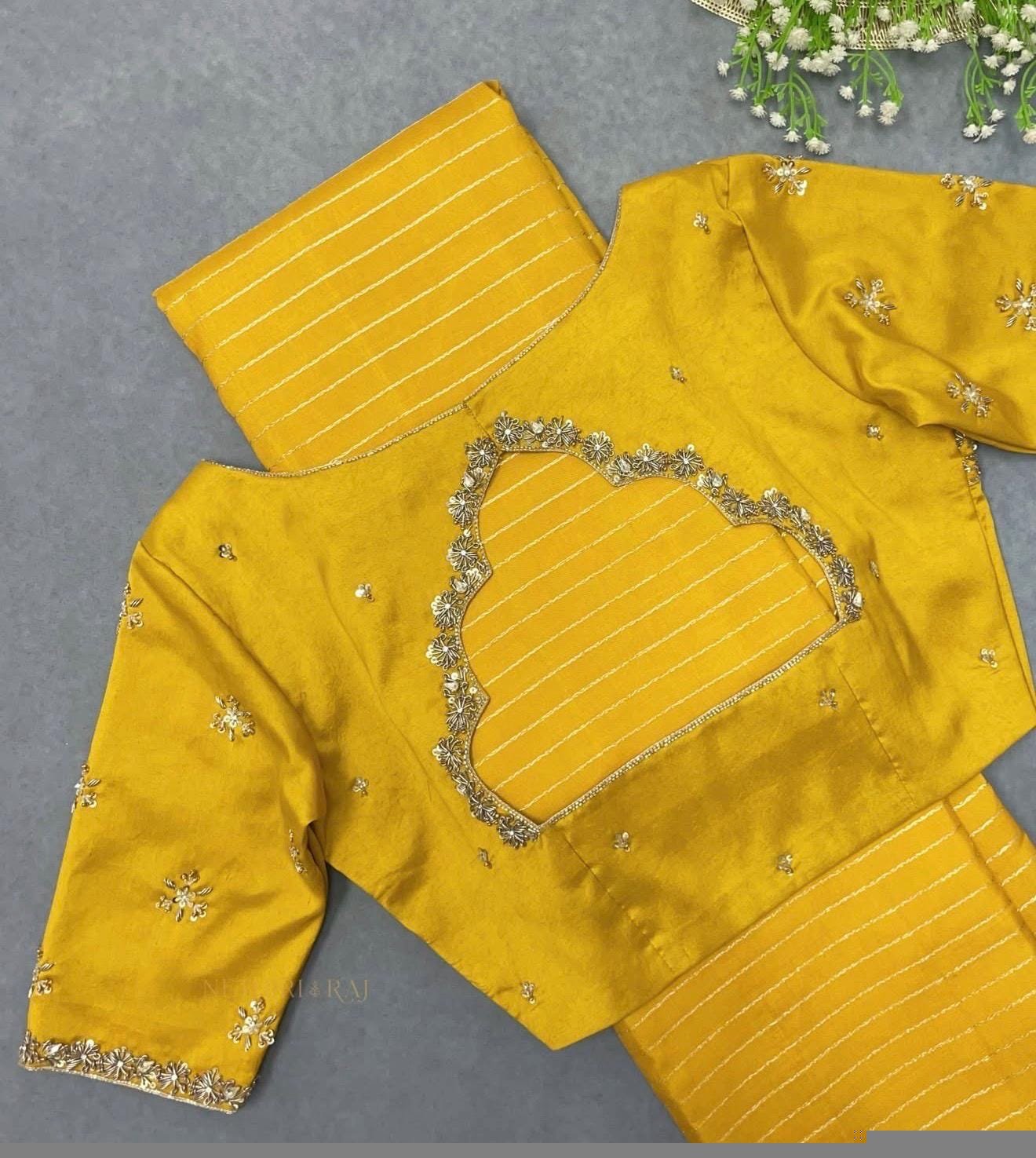 pure silk hand embroidery blouse/saree maggam yellow blouse/yellow blouse/hand embroidered blouse/ready made blouse zardosi/lemon yellow