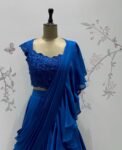 Ruffle saree with blouse/blue ruffle saree with stitched blouse/readymade saree with blouse/silk ruffle saree/ready wearsaree /lehenga saree