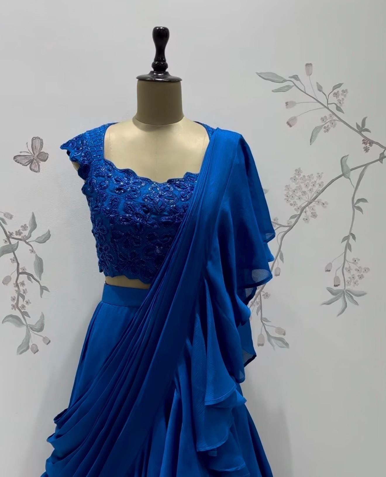 Ruffle saree with blouse/blue ruffle saree with stitched blouse/readymade saree with blouse/silk ruffle saree/ready wearsaree /lehenga saree