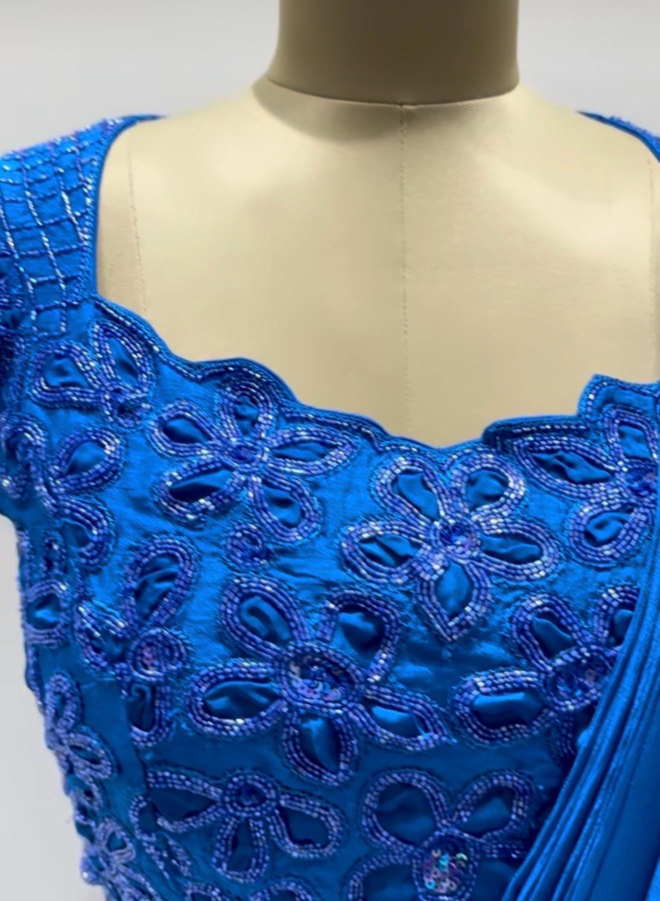 Ruffle saree with blouse/blue ruffle saree with stitched blouse/readymade saree with blouse/silk ruffle saree/ready wearsaree /lehenga saree