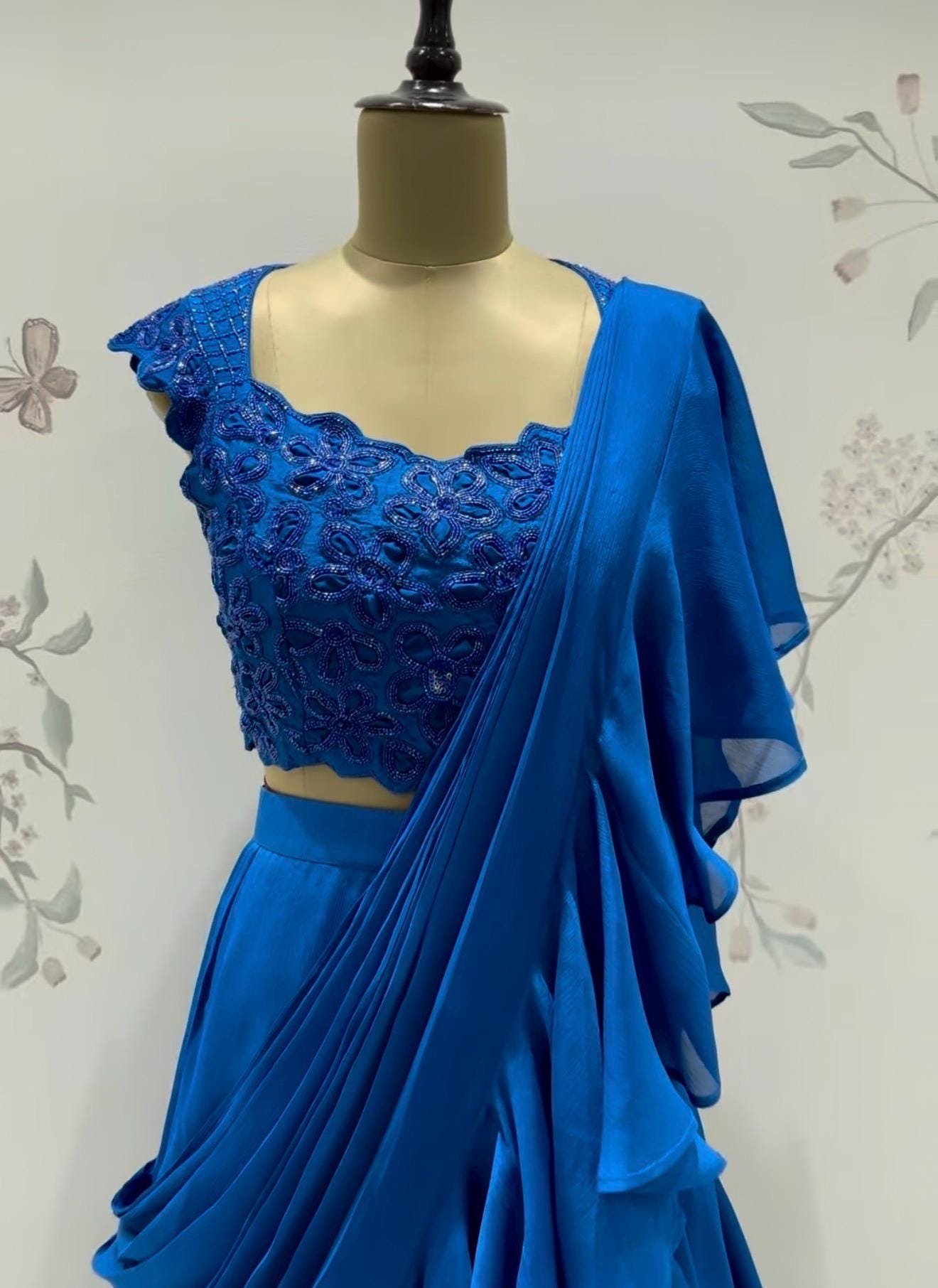 Ruffle saree with blouse/blue ruffle saree with stitched blouse/readymade saree with blouse/silk ruffle saree/ready wearsaree /lehenga saree