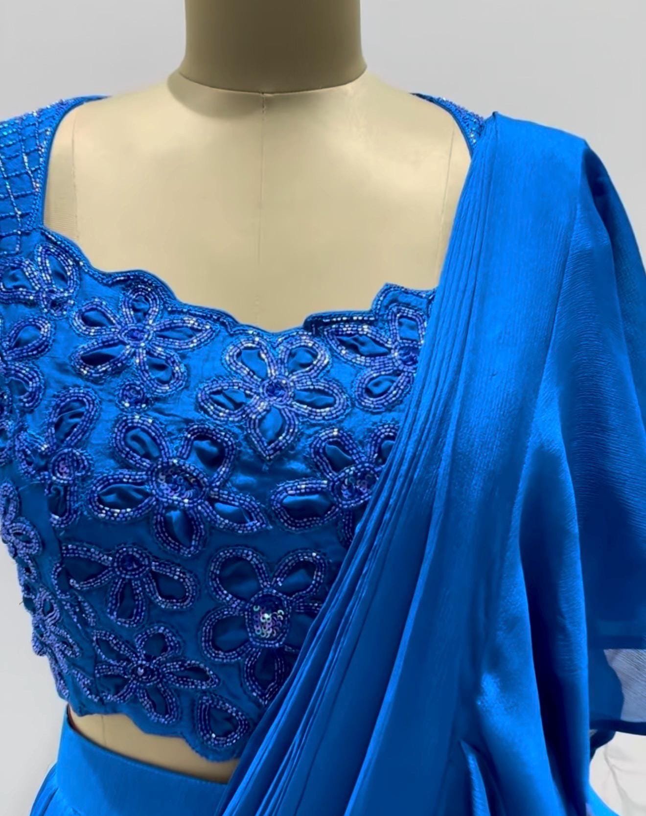 Ruffle saree with blouse/blue ruffle saree with stitched blouse/readymade saree with blouse/silk ruffle saree/ready wearsaree /lehenga saree
