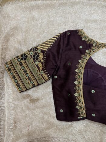 pure silk  hand embroidery blouse/neck maggam blouse/brown zardosi blouse/brown hand embroidered blouse/brown raw silk ready made blouse
