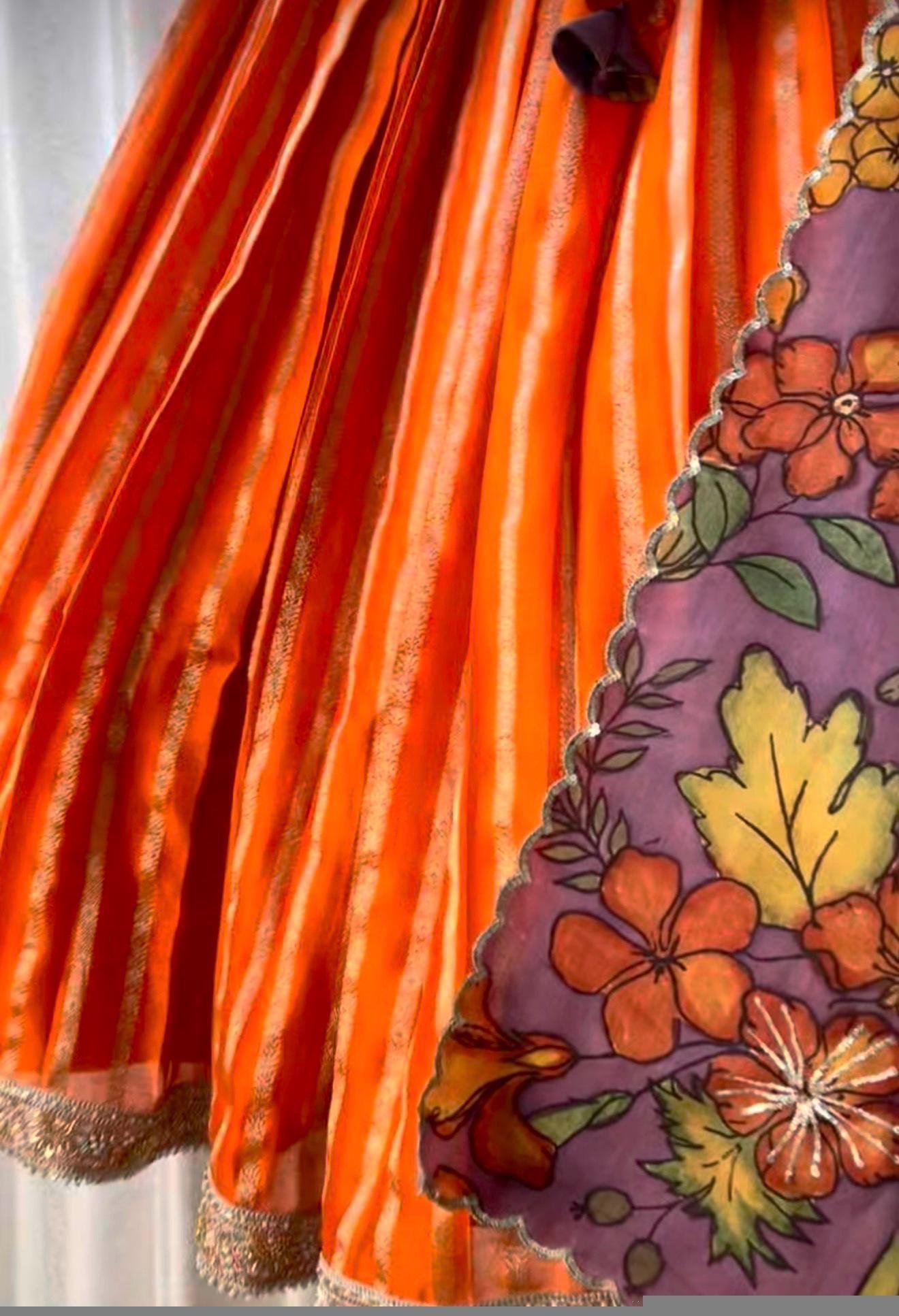 Women’s pure kalamkari lehenga set/orange crop top lehenga/Hand painted lehenga USA/wedding lehenga USA/kalamkarilehenga choli/voggish usa