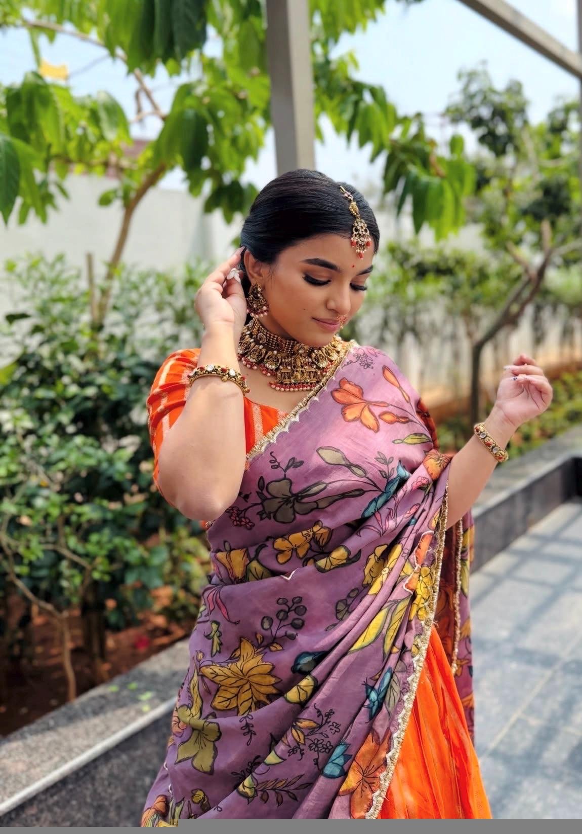 Women’s pure kalamkari lehenga set/orange crop top lehenga/Hand painted lehenga USA/wedding lehenga USA/kalamkarilehenga choli/voggish usa
