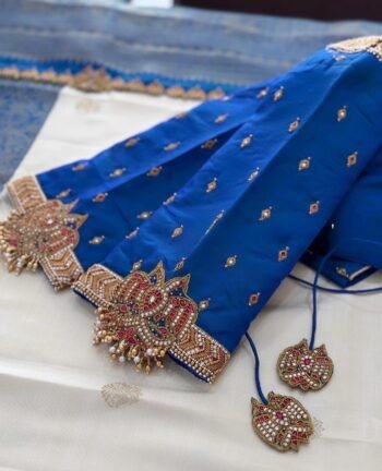 pure silk hand embroidery blouse/U neck maggam blouse/blue zardosi blouse/plum hand embroidered blouse/blue hand work ready made blouse