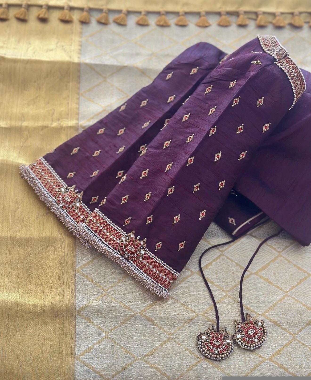 pure silk hand embroidery blouse/U neck maggam blouse/plum zardosi blouse/plum hand embroidered blouse/plum hand work ready made blouse USA
