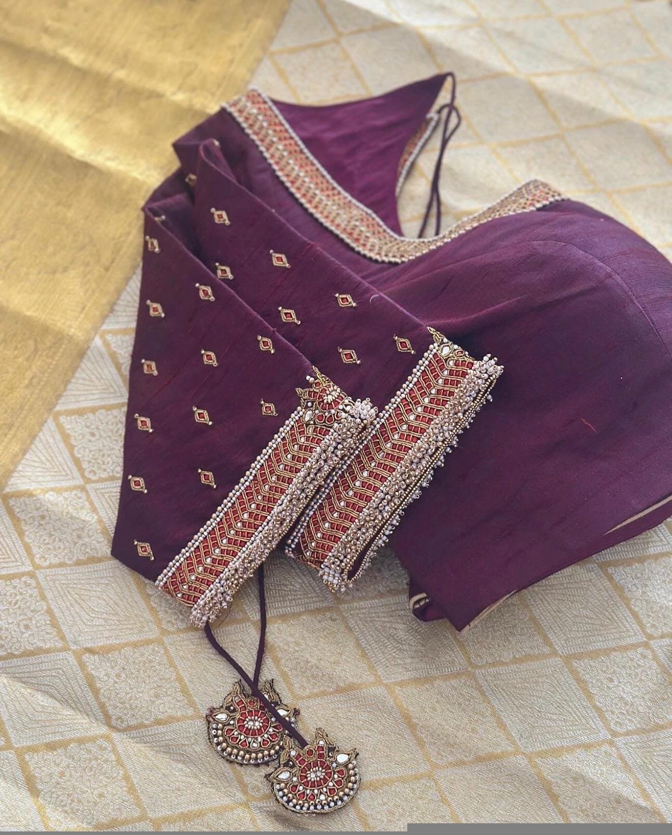 pure silk hand embroidery blouse/U neck maggam blouse/plum zardosi blouse/plum hand embroidered blouse/plum hand work ready made blouse USA