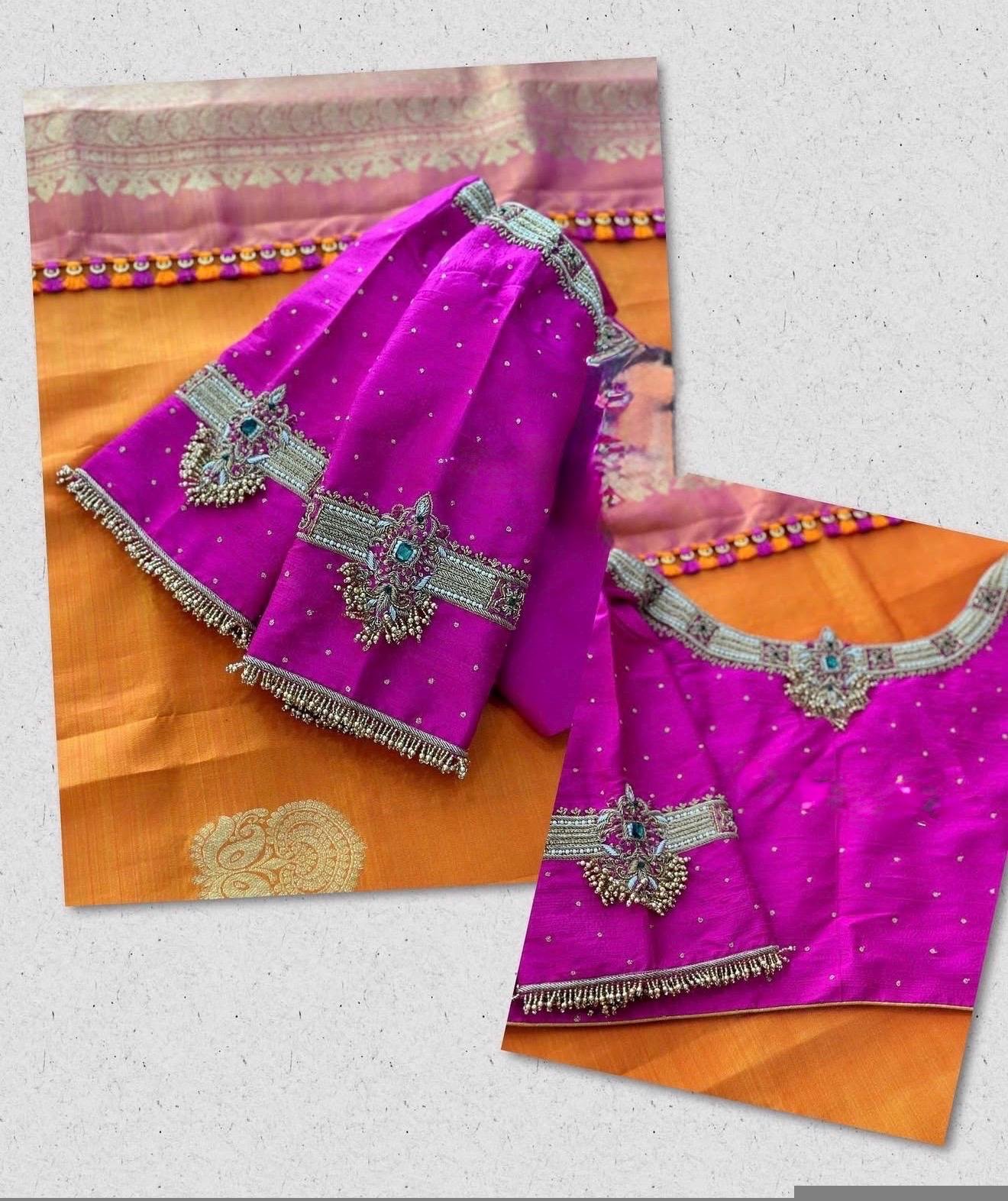pure silk hand embroidery blouse/U neck maggam blouse/pink zardosi blouse/plum hand embroidered blouse/purpl hand work ready made blouse USA