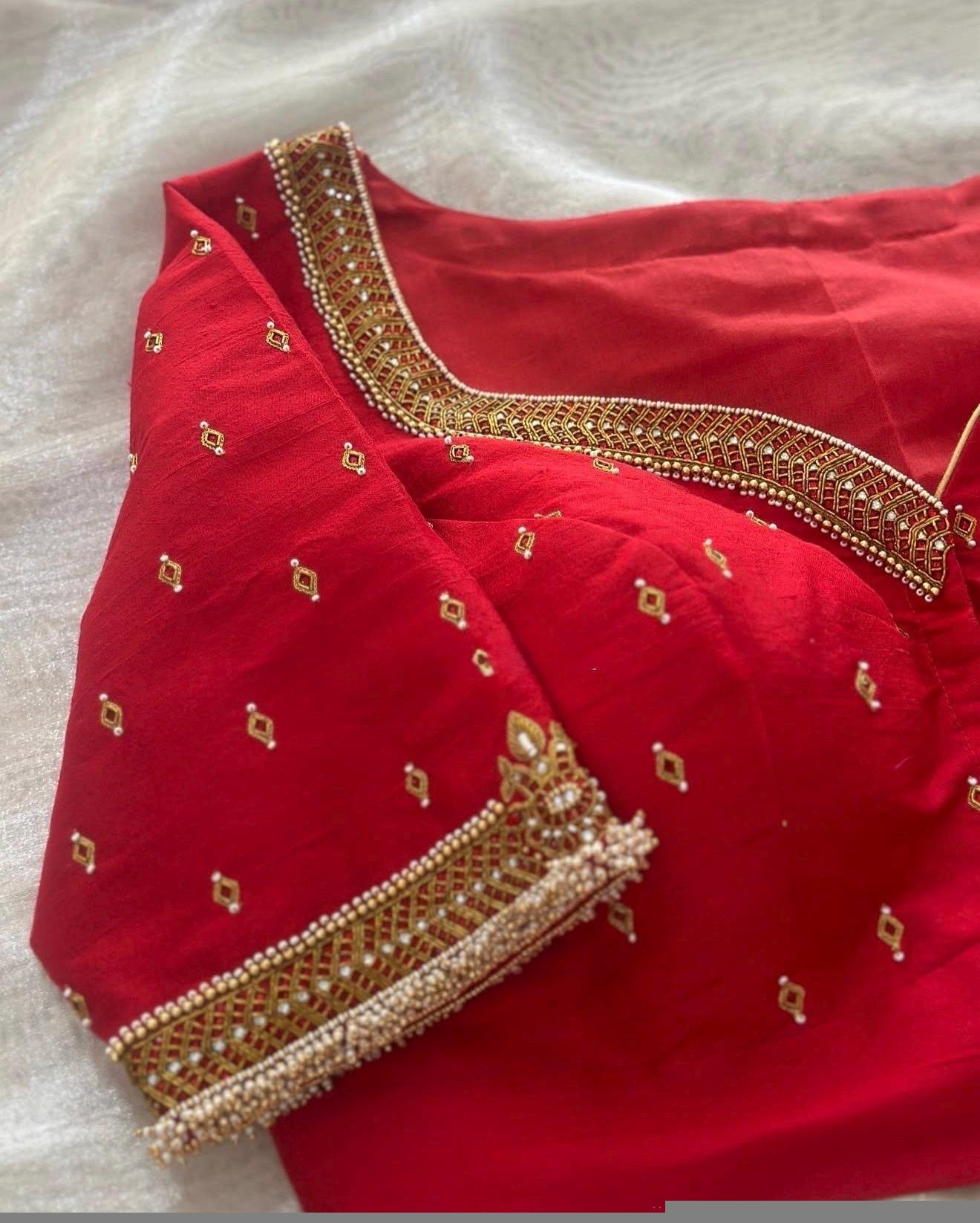 pure silk hand embroidery blouse/U neck maggam blouse/red kundan blouse/red kund hand embroidered blouse/red hand work ready made blouse USA