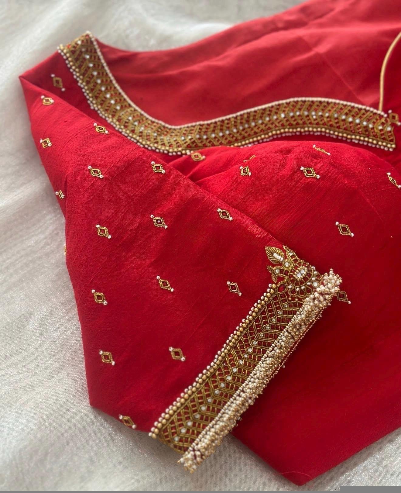 pure silk hand embroidery blouse/U neck maggam blouse/red kundan blouse/red kund hand embroidered blouse/red hand work ready made blouse USA