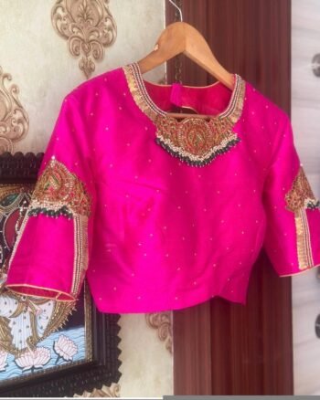 pure silk hand embroidery blouse/U neck maggam blouse/pink zardosi blouse/pink hand embroidered blouse/purpl hand work ready made blouse