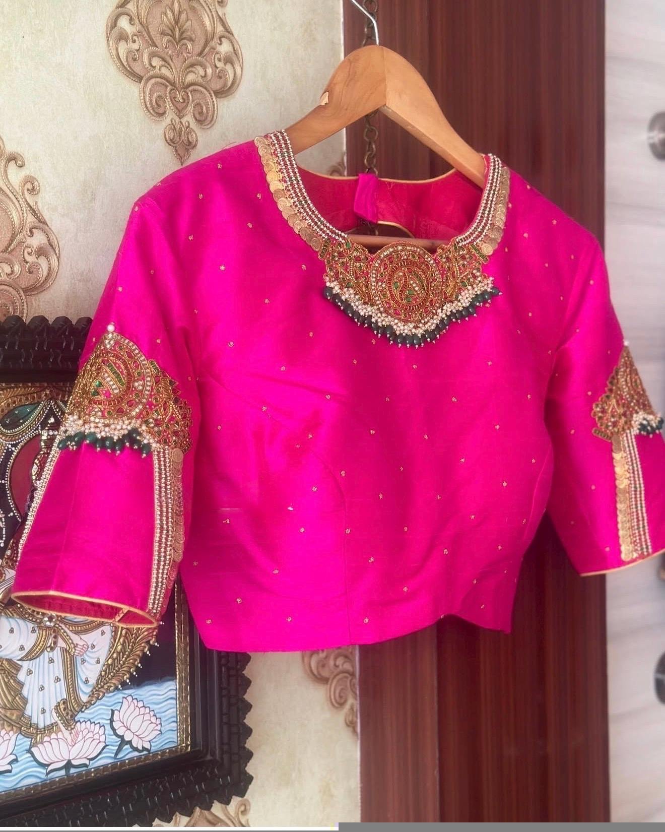 pure silk hand embroidery blouse/U neck maggam blouse/pink zardosi blouse/pink hand embroidered blouse/purpl hand work ready made blouse USA