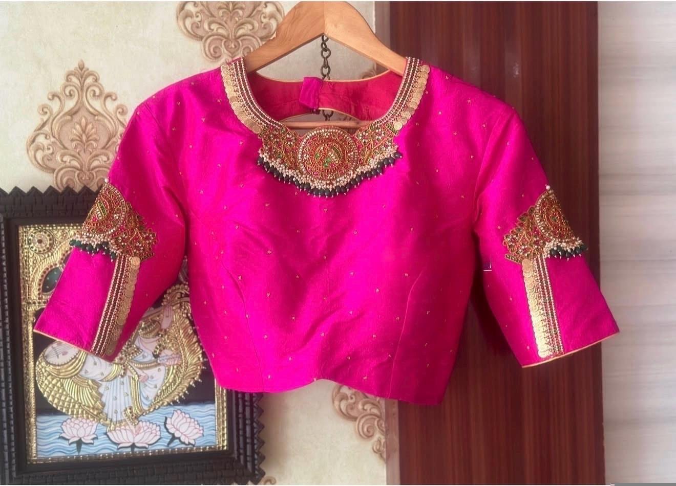 pure silk hand embroidery blouse/U neck maggam blouse/pink zardosi blouse/pink hand embroidered blouse/purpl hand work ready made blouse USA