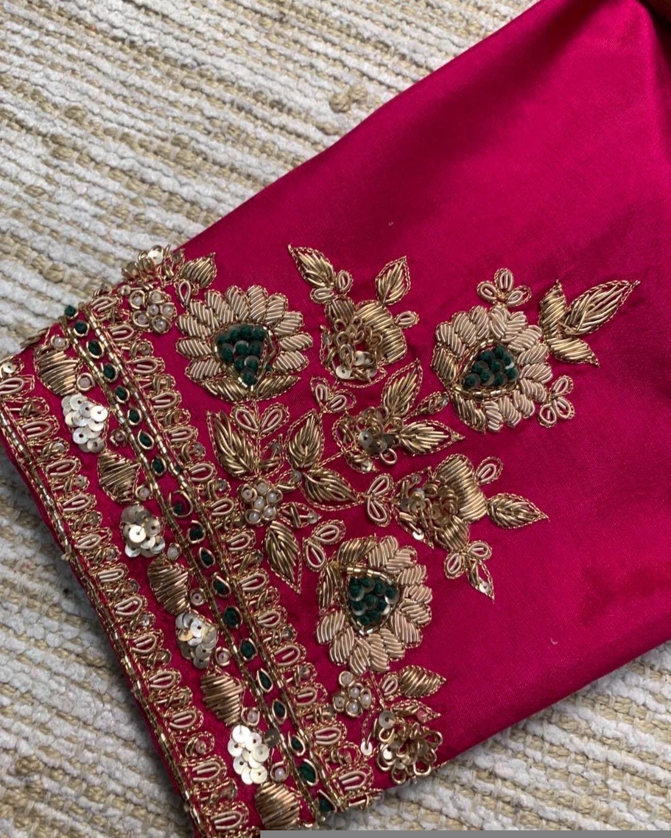pure silk hand embroidery blouse/saree maggam blouse/hot pink zardosi blouse/hand embroidered blouse /magenta pink ready made blouse zardosi