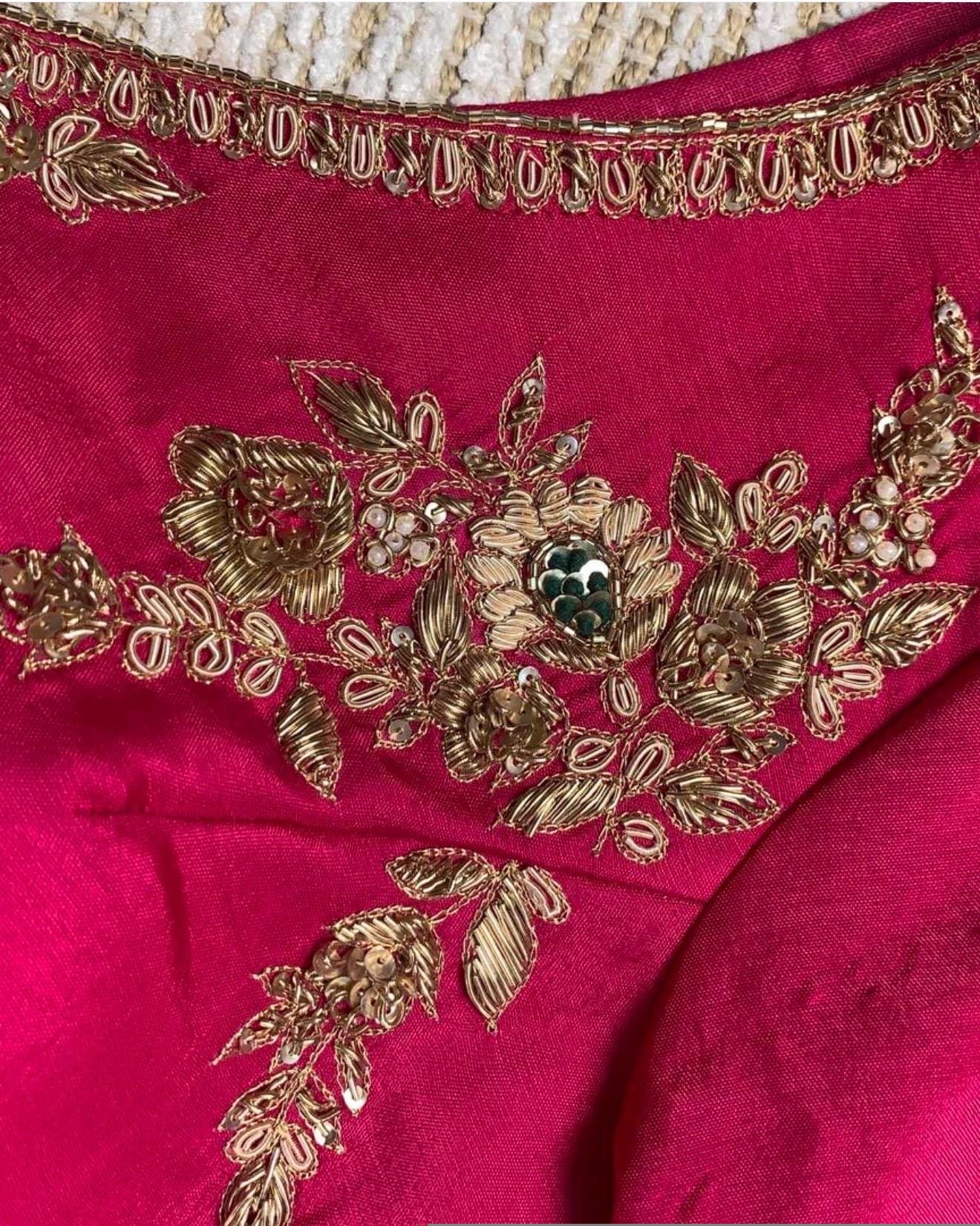 pure silk hand embroidery blouse/saree maggam blouse/hot pink zardosi blouse/hand embroidered blouse /magenta pink ready made blouse zardosi