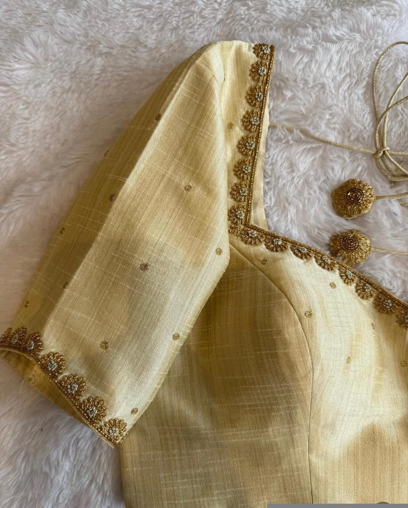 pure silk hand embroidery blouse/beige mirror hand made blouse/pure raw silk zardosi blouse/hand embroidered blouse/cream zardosi work blous
