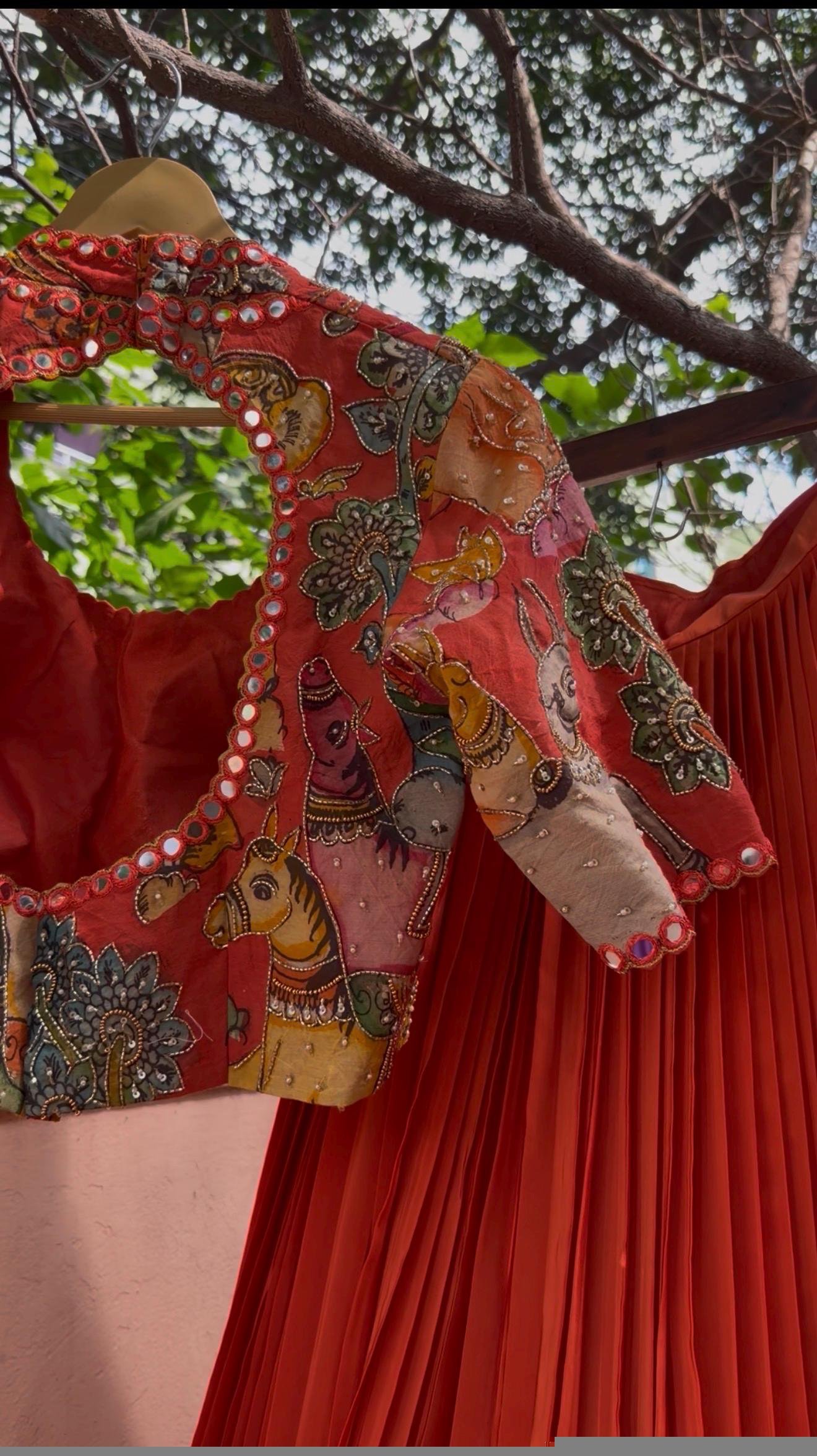Hand-Painted Kalamkari Silk Blouse: Embroidered Maggam Work, hand work kalamkari blouse,beige blouse,handpainted blosue,mix and match blouse