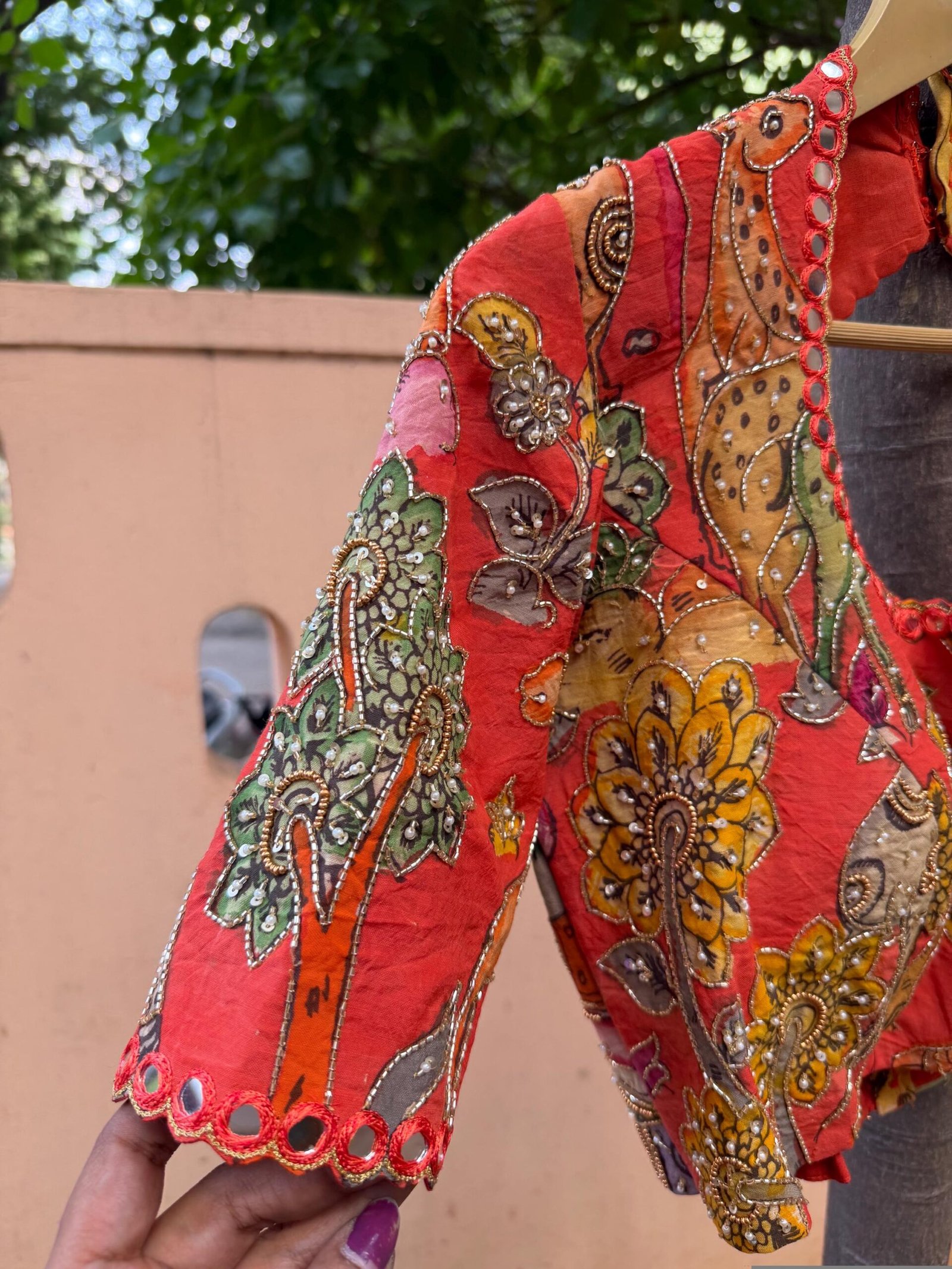 Hand-Painted Kalamkari Silk Blouse: Embroidered Maggam Work, hand work kalamkari blouse,beige blouse,handpainted blosue,mix and match blouse