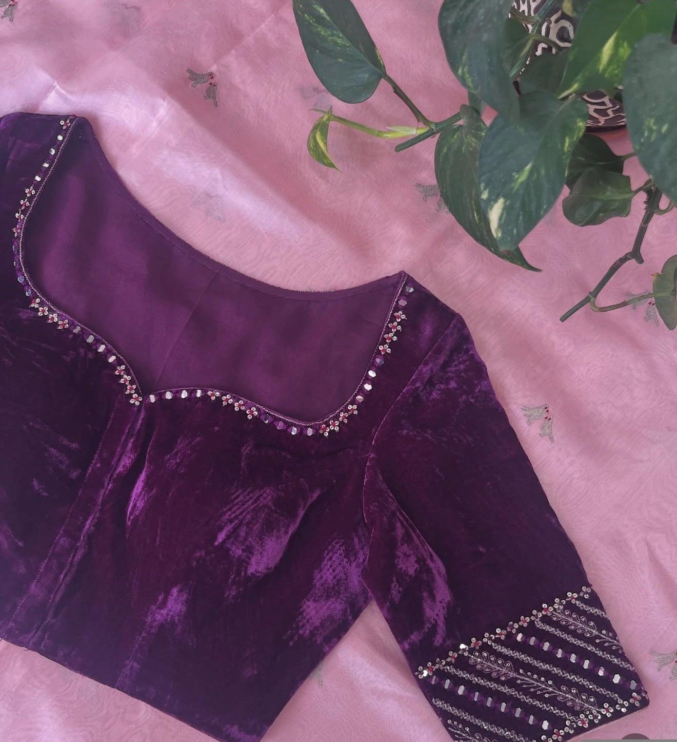 Purple Velvet Saree Blouse/Hand Embroidered Zardosi Maggam Work,pure velvet blouse,purple velvet blouse,handwork blouse,Pastel velvet us