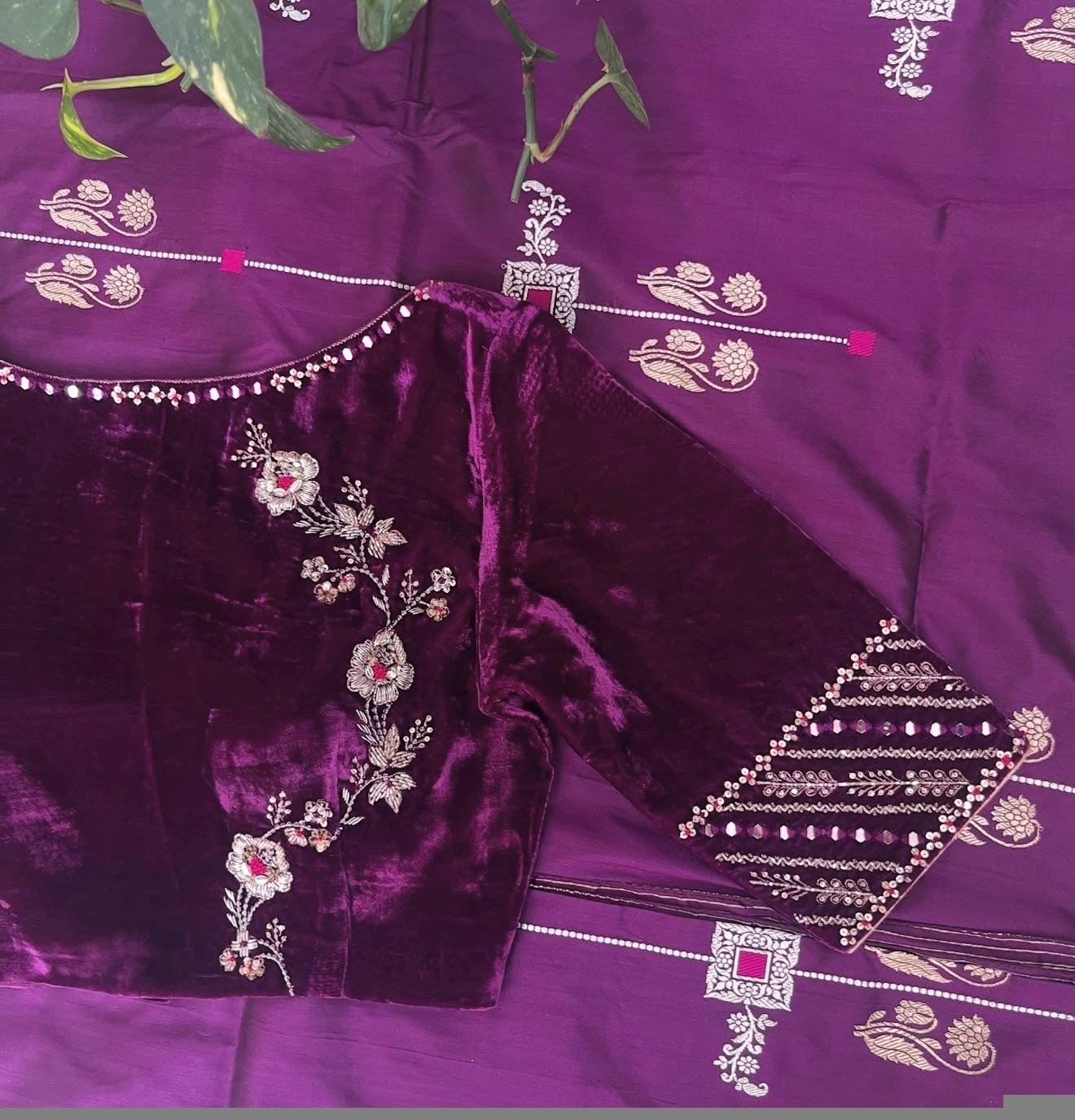Purple Velvet Saree Blouse/Hand Embroidered Zardosi Maggam Work,pure velvet blouse,purple velvet blouse,handwork blouse,Pastel velvet us