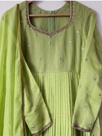 Hand Embroidered Pista Green Chanderi Silk Anarkali Suit with Dupatta,pista green anarkali/handwork anarkali/light green anarkali dupatta us
