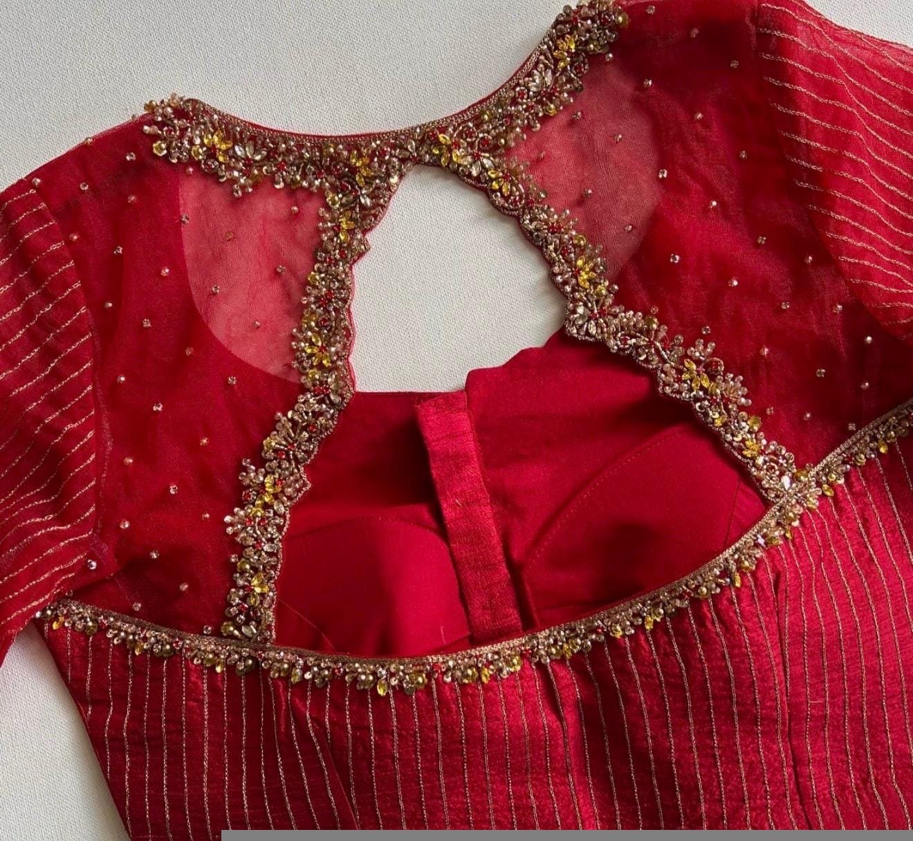 Red Silk Zardosi Embroidered Saree Blouse: Hand-Embroidered Maggam Work,red maggam work blouse,handwork blouse,maggam blouse,red saree blous