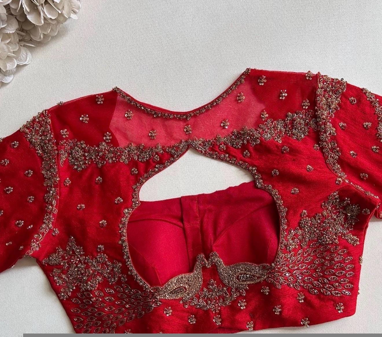 Red Silk Zardosi Embroidered Saree Blouse: Hand-Embroidered Maggam Work,red maggam work blouse,handwork blouse,maggam blouse,red saree blous