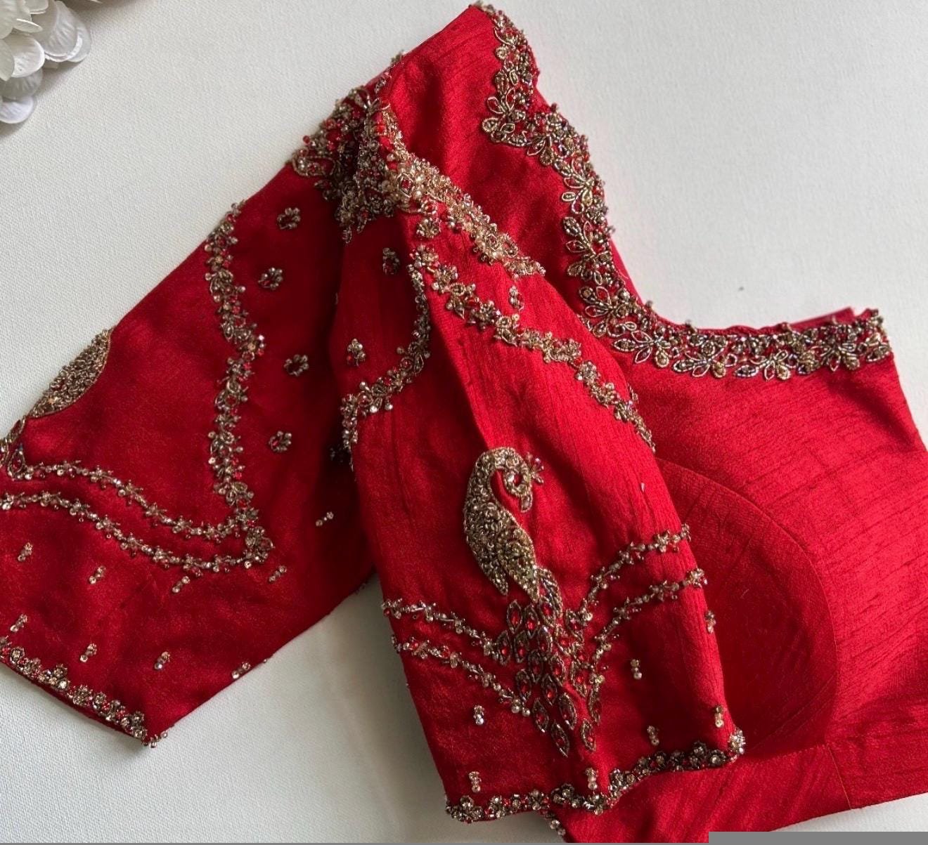 Red Silk Zardosi Embroidered Saree Blouse: Hand-Embroidered Maggam Work,red maggam work blouse,handwork blouse,maggam blouse,red saree blous