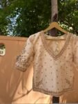 Cream hand embroidery long blouse/saree maggam blouse/pure silk zardosi blouse/blue hand embroidered blouse/heavy maggam full sleeve blouse