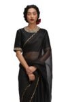 Pure silk cocktailsaree/black sari with hand embroidery/organza silk saree with designer blouse /black saree,party saree,full sleeve blouse