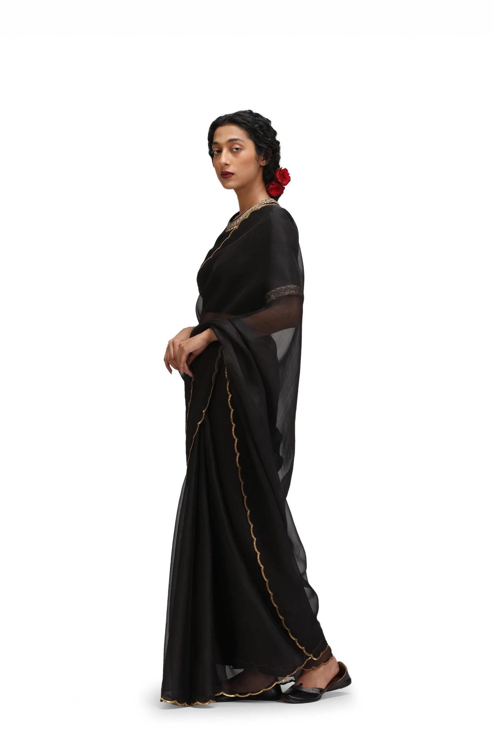 Pure silk cocktailsaree/black sari with hand embroidery/organza silk saree with designer blouse /black saree,party saree,full sleeve blouse