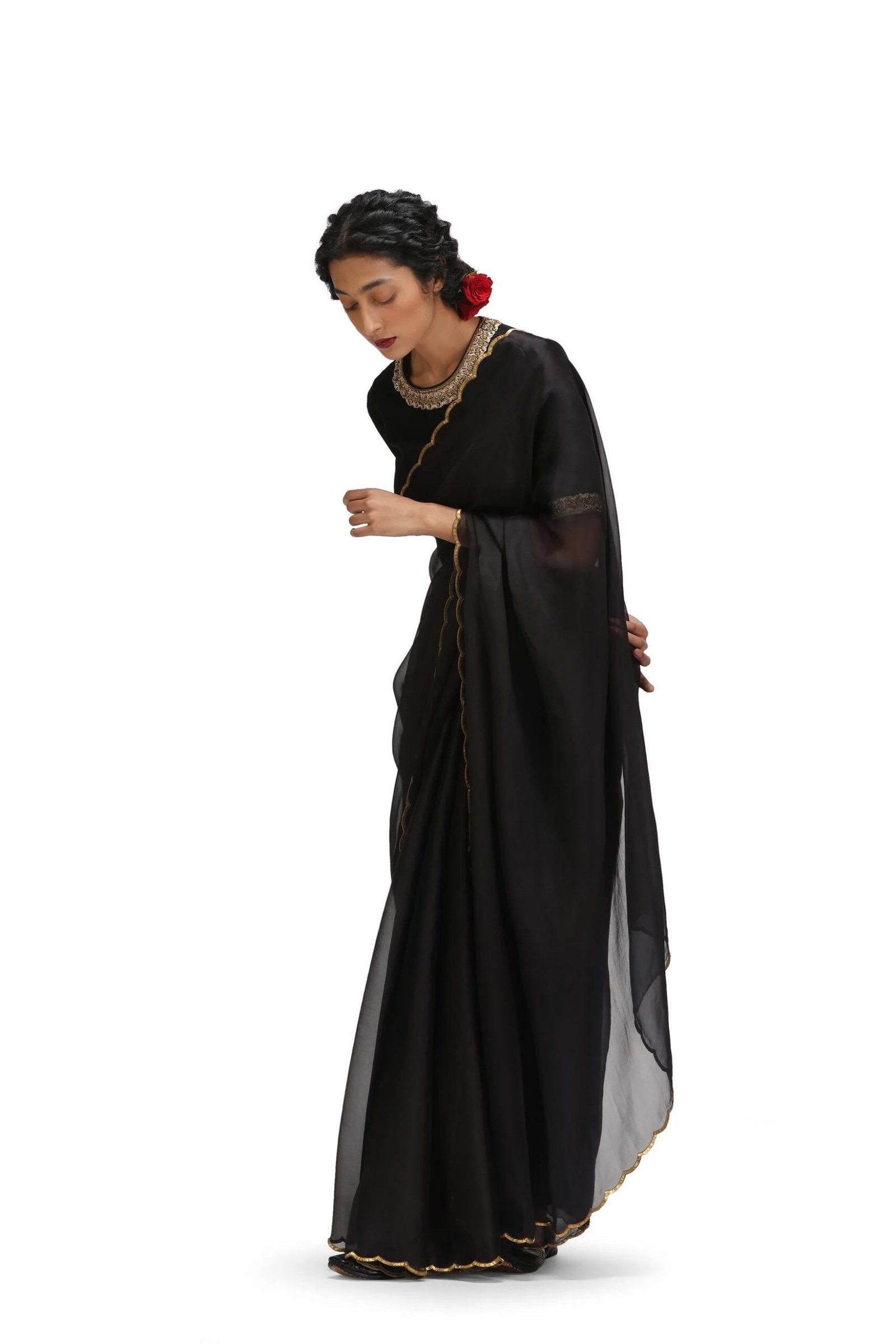 Pure silk cocktailsaree/black sari with hand embroidery/organza silk saree with designer blouse /black saree,party saree,full sleeve blouse