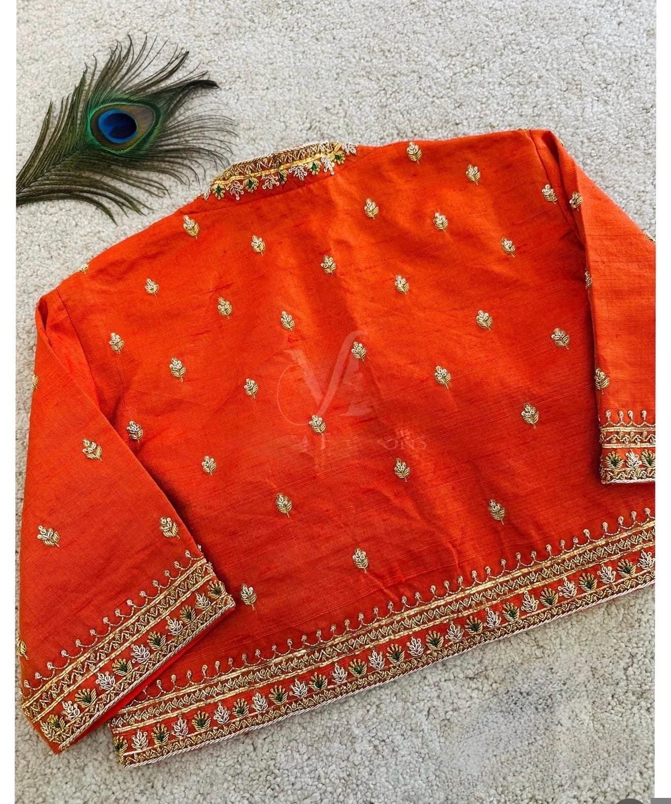 pure silk hand embroidery blouse/orange saree maggam blouse/raw silk zardosi blouse/hand embroidered blouse/ready made blouse/orange blouse